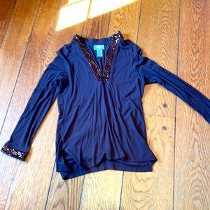 Women’s petite Talbots brown top with sequin accents at collar and sleeve.
